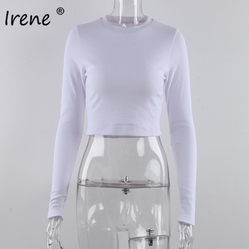 Irene O Neck Long Sleeve Shirt Women Ribbed Sexy Cropped