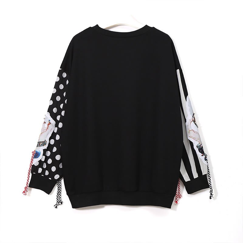 Black Long Sleeve Sweatshirts Women Patchwork Print Tassel
