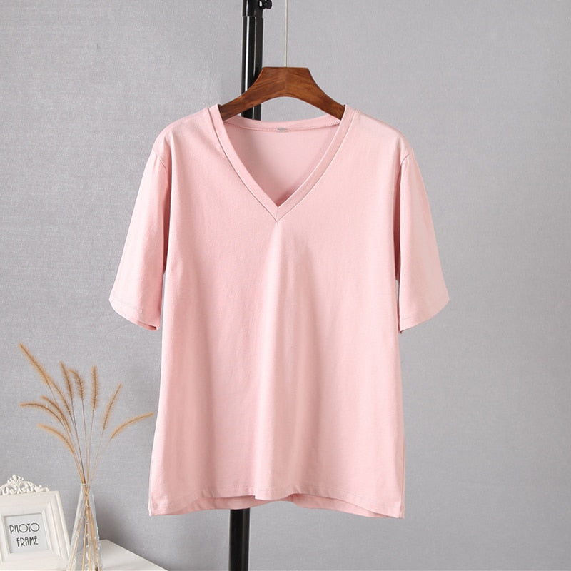 Hirsionsan 100% Cotton Summer T Shirt Women Soft Short Sleeve V Neck Female Tees Basic Kintwear Tops Harajuku Tshirt for Ladies