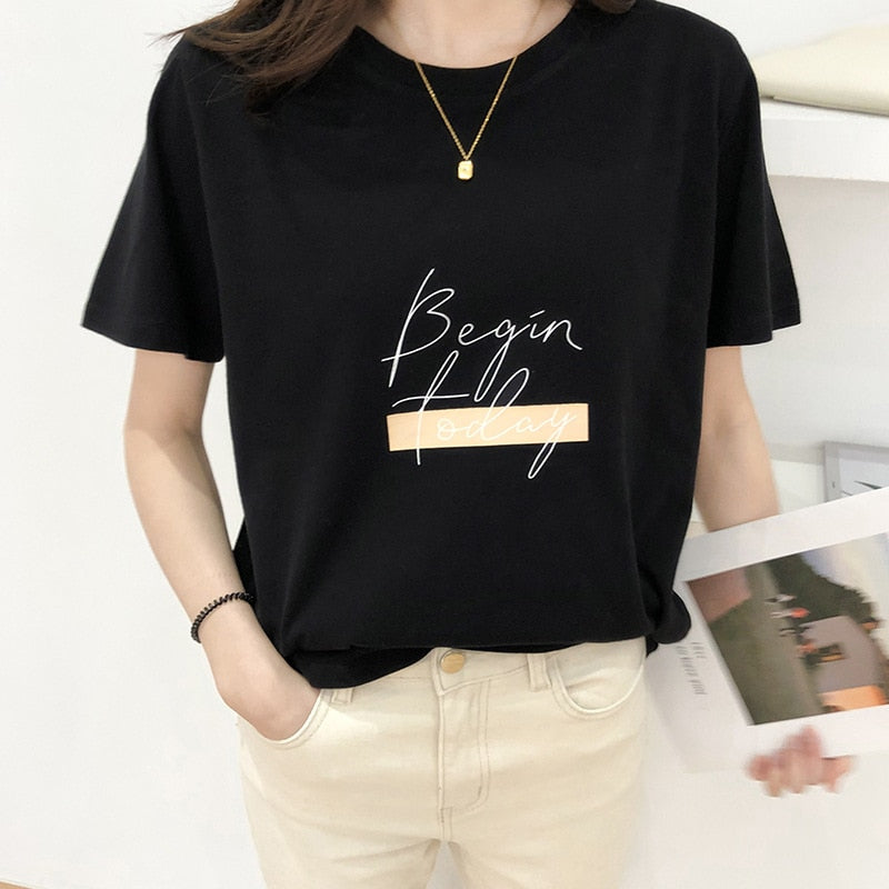 Casual O-neck Letter Print Women T-shirt Summer Short Sleeve