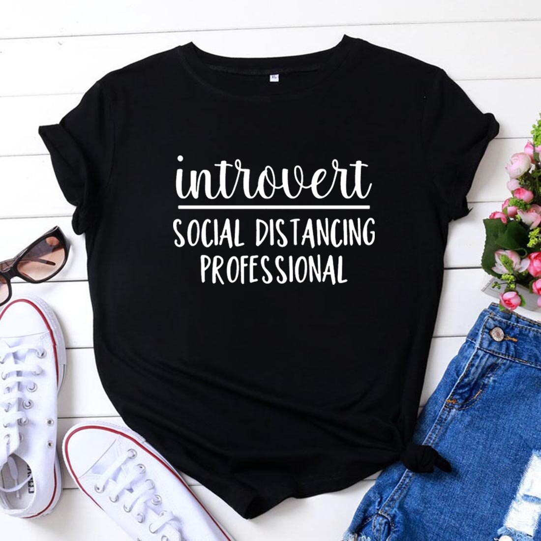 Introvert Social Distancing T Shirts Women Cotton Short