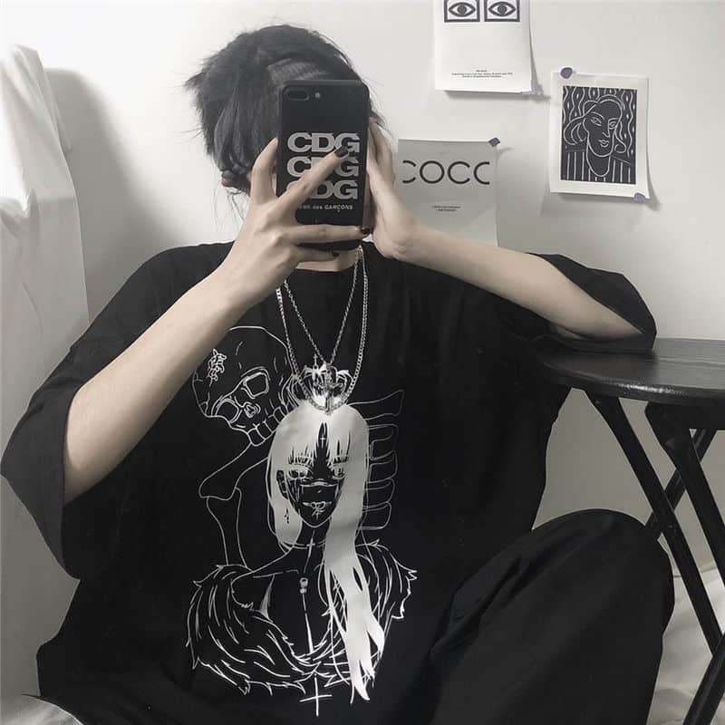 NiceMix vintage anime cartoon t shirt women clothes gothic tshirt streetwear print loose tops Korean summer black t-shirt