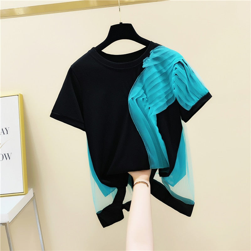 Summer Korean-Style Slimming Tops Design Panelled Mesh Pleated Patchwork Casual O Neck Short T-Shirt Women