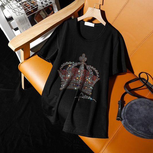 Summer Street leisure short sleeve T-shirt female 2021 new crown hot diamonds loose large size 5XL black hot drill women tops