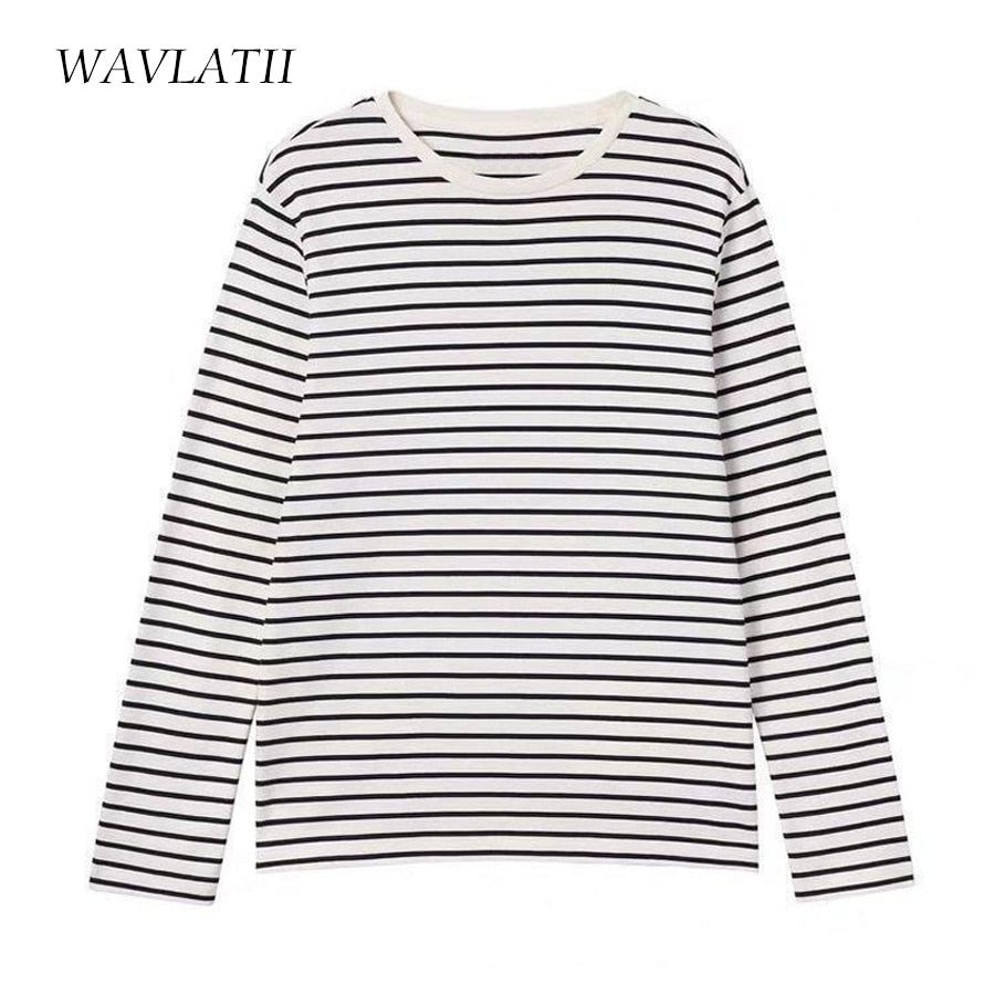 WAVLATII Women 2021 New Long Sleeve T shirts Female Cotton White Black Striped Tees Lady Oversized Spring Casual Tops WLT2107