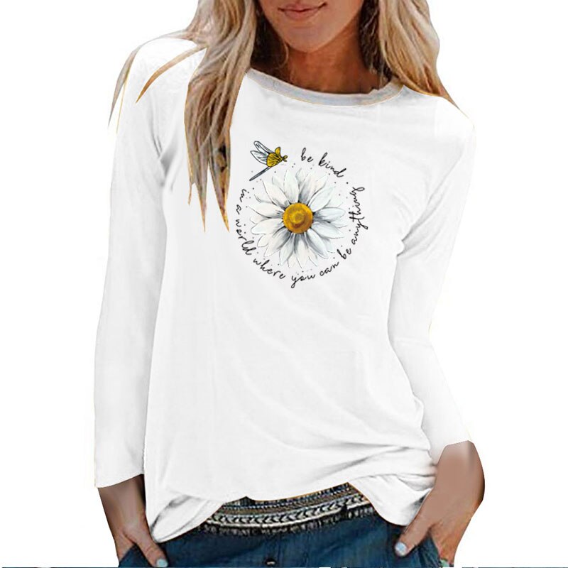 Daisy Dragonfly Be Kind Print Long Sleeve T-shirts Women Autumn Winter Aesthetic Clothes White Crew Neck Tops for Women Ladies