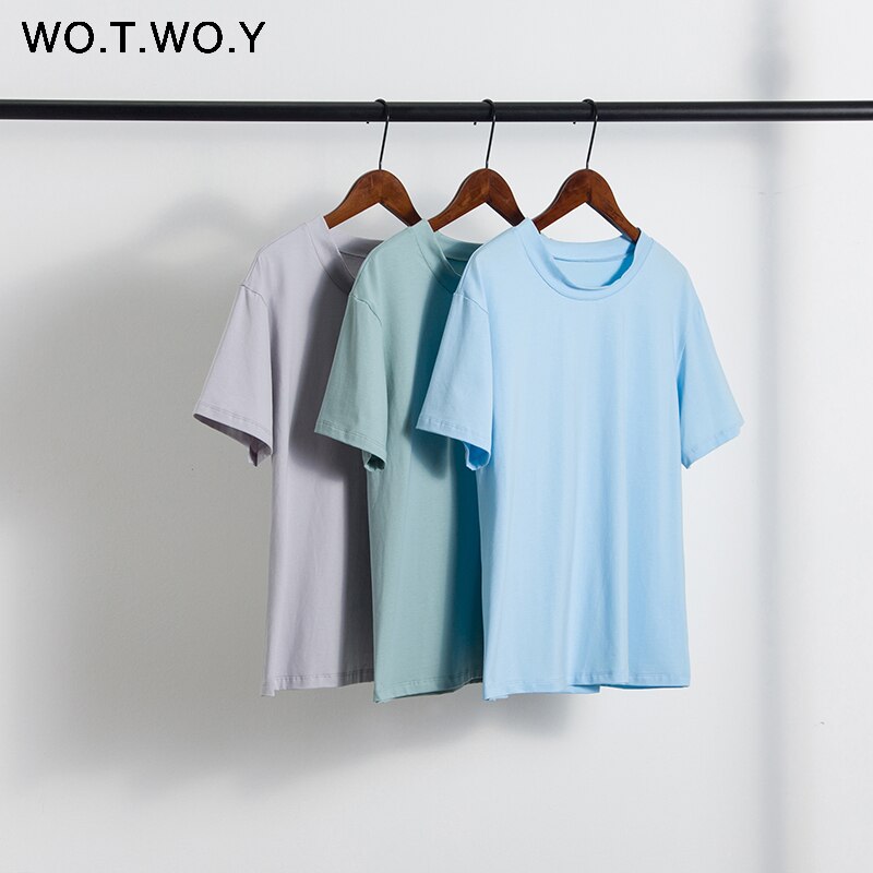 WOTWOY Summer Loose Basic Tee Shirt Women Knitted Cotton Solid T-Shirt Women O-Neck Casual Korean Tops Female Harajuku 2020 New