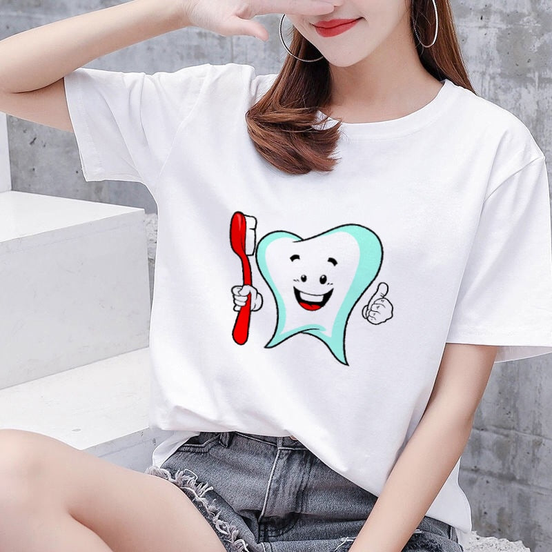 Aesthetic funny tooth dentist women's T-shirt 90s Harajuku Kawaii O-neck T-shirt pattern fashion printing Plus size women shirts