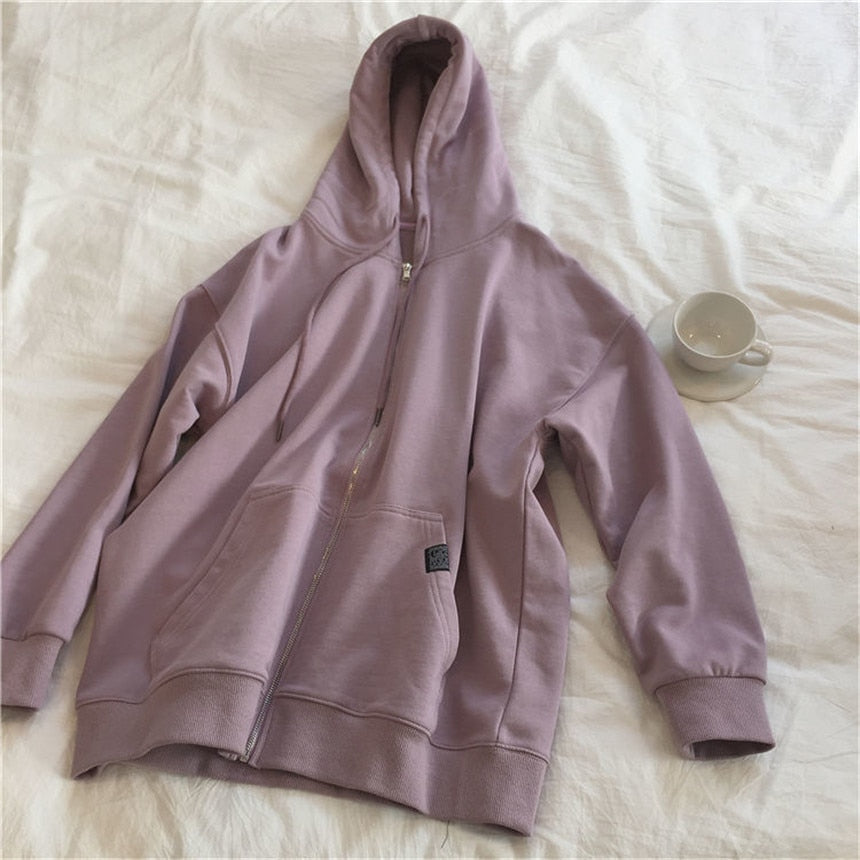 Hoodies women zipper kangaroo pocket casual loose solid color sweatshirt female