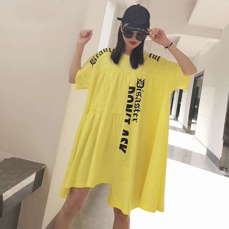 XITAO Plus Size Irregular Letter Pleated T Shirt Women Clothes 2020 Summer New Fashion Loose Pullover Match All Long Tee DMY4122