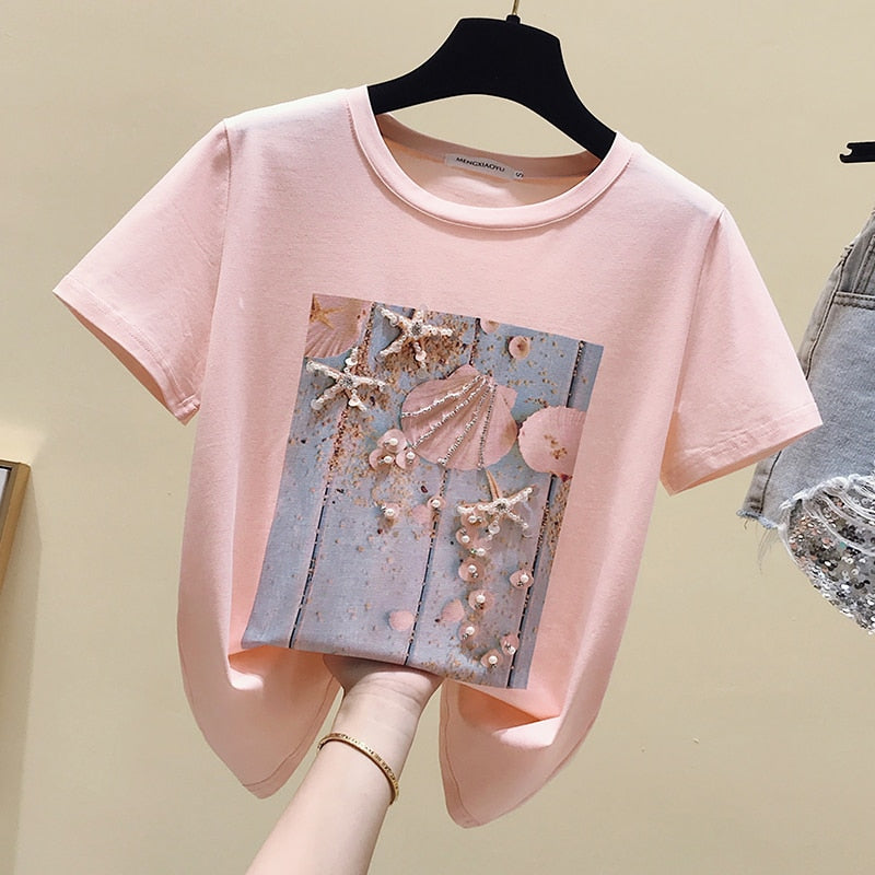 Pink Summer T shirt Women Tops White Tshirt Women Korean Clothes Short Sleeve Casual Purple Sequins Diamond Tee shirt Femme