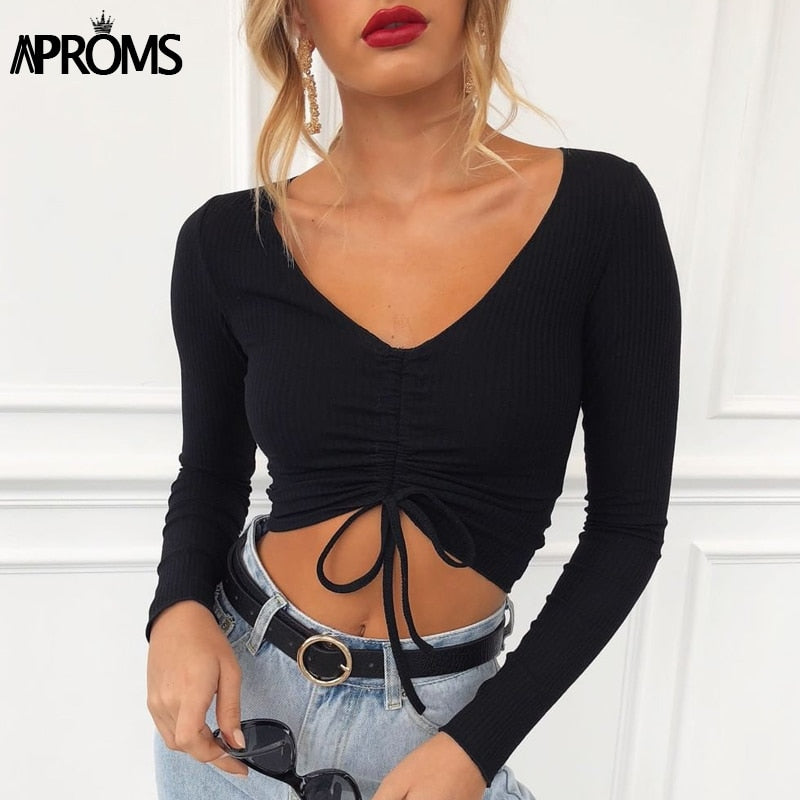 Sexy V Neck Ribbed Cropped T-shirt Women Elegant