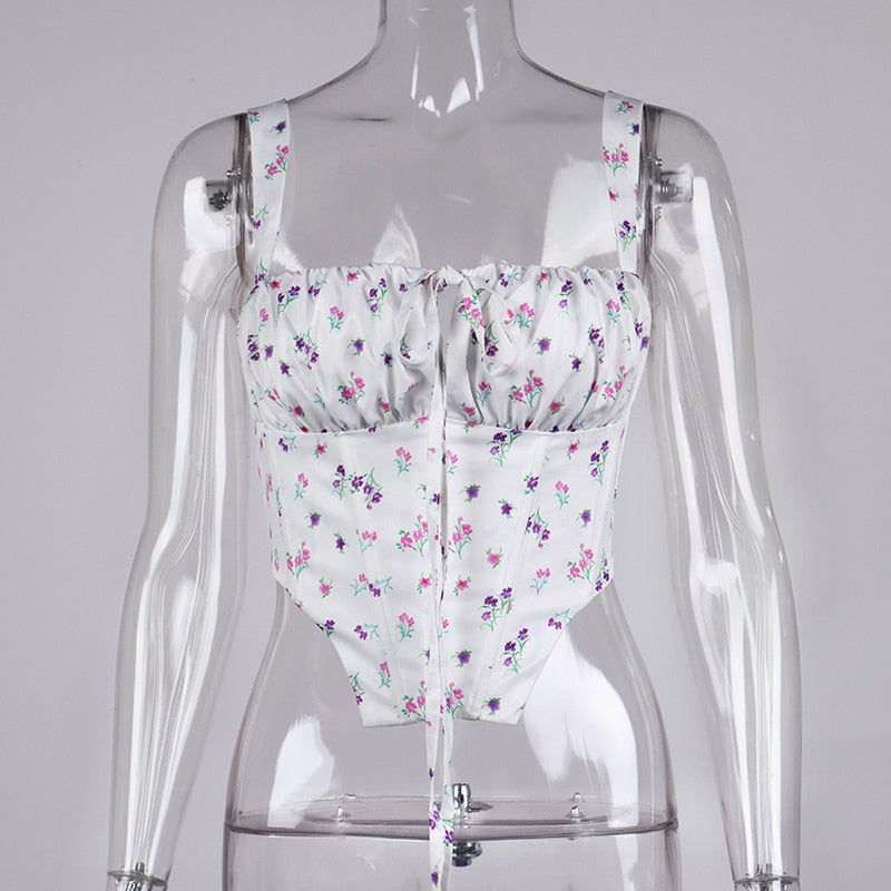 Floral Corset Women Sweet Print Hollow Up Tie Up Sexy Crop Top