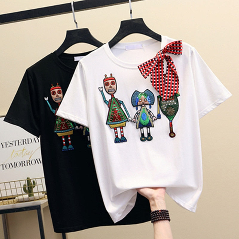 Women Luxurious Embroidery Sequins Cartoon T Shirt Lady O-neck Short Sleeve Bow Tee Shirt Cotton Casual Tshirt Summer Female Top