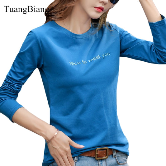 Letter Embroidery 2021 Autumn Cotton T-shirt Spring Women Long Sleeve Casual Red T shirts Fashion O-Neck Blue Yellow Simple Tops