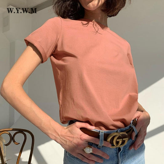 WYWM Summer Women Basic Loose T Shirt Solid Color Oversized Cotton Harajuku Short Sleeve Knitted Tees Korean Casual Female Tops