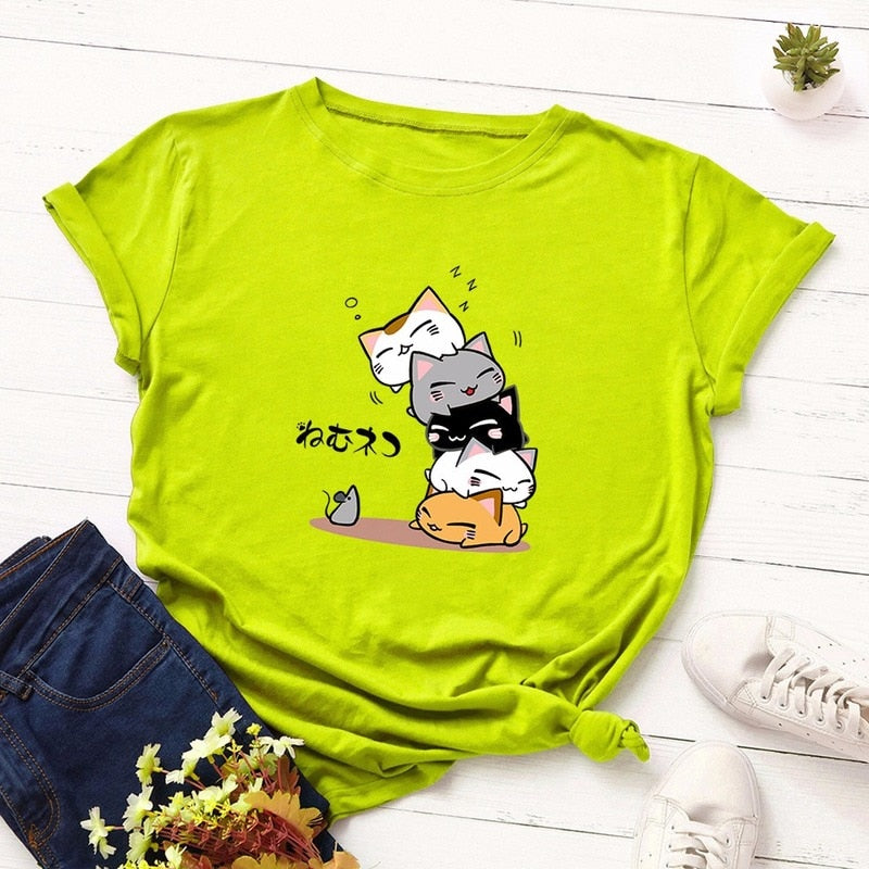 Summer T-Shirt Women Plus Size S-5XL Cotton Graphic Funny Cats Print Female Short Sleeve Simple Tshirts Casual Fashion Tops Tees