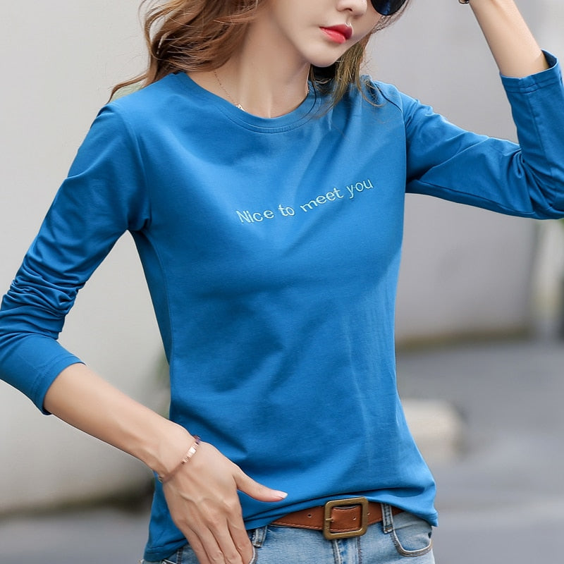 Letter Embroidery 2021 Autumn Cotton T-shirt Spring Women Long Sleeve Casual Red T shirts Fashion O-Neck Blue Yellow Simple Tops