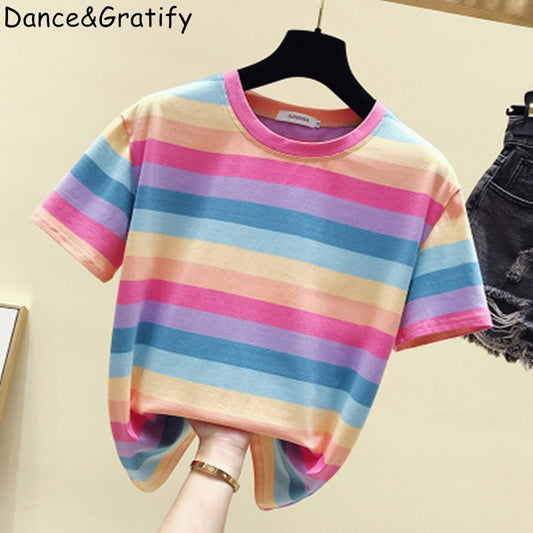 Girls Rainbow Striped Cotton Tshirt Women Tops Fashion