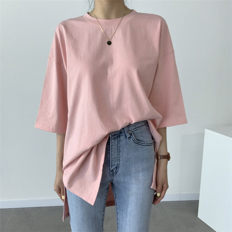 Colorfaith New 2021 Women Spring Summer T-shirts Solid Multi Colors Loose Bottoming Half Sleeve Minimalist Split Midi Tops T1165