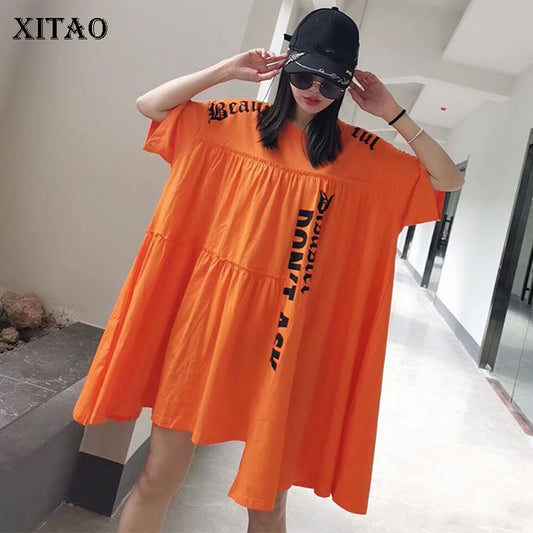 XITAO Plus Size Irregular Letter Pleated T Shirt Women Clothes 2020 Summer New Fashion Loose Pullover Match All Long Tee DMY4122