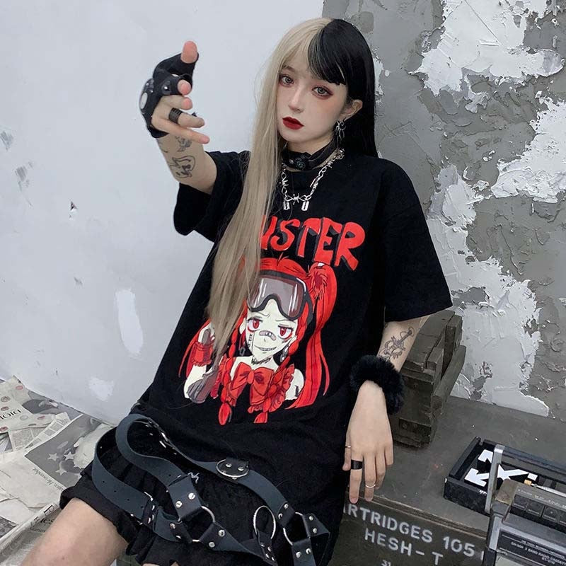 NiceMix vintage anime cartoon t shirt women clothes gothic tshirt streetwear print loose tops Korean summer black t-shirt