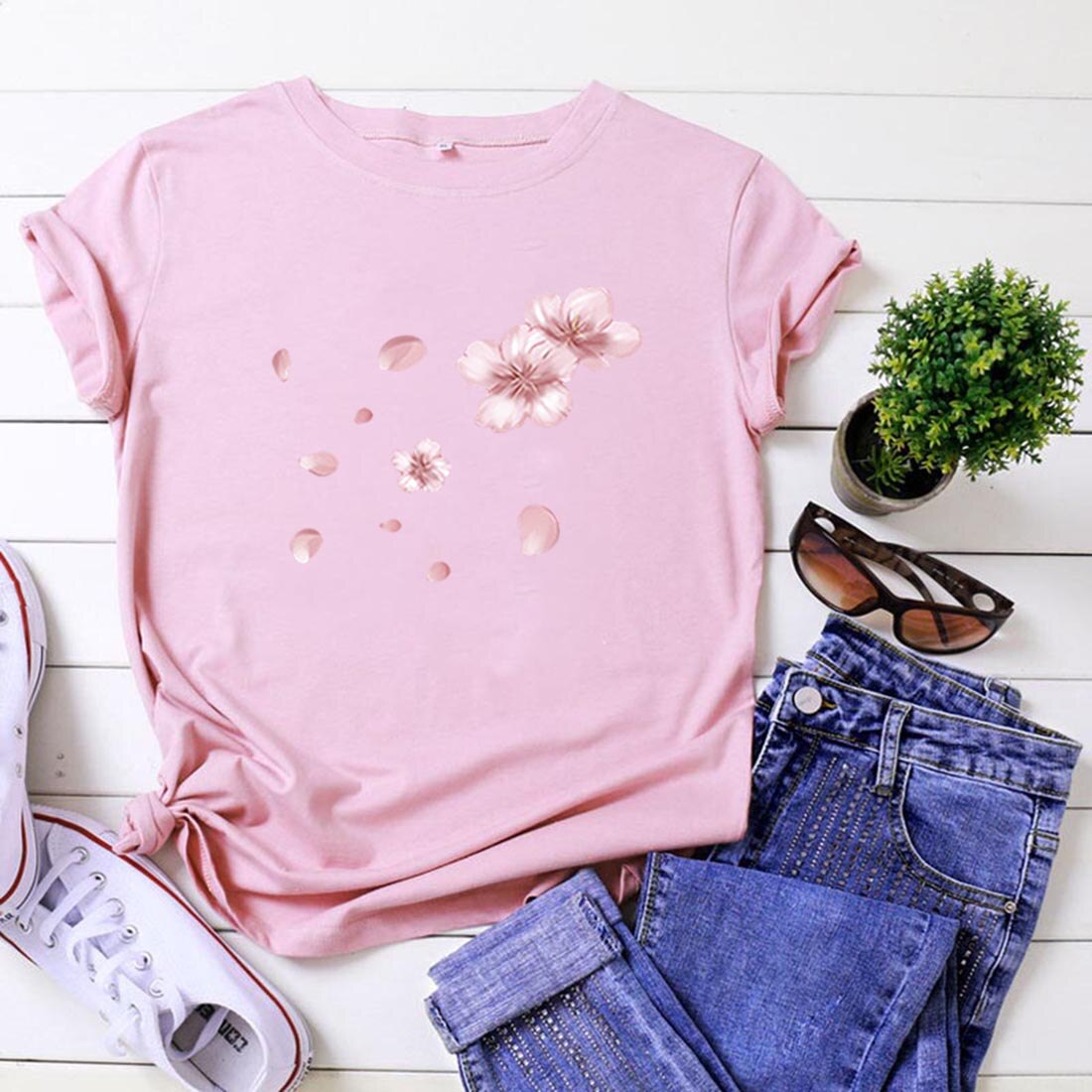 Fashion Cherry Blossom T Shirt Women Short Sleeve Tshirts Cotton Women O-neck Loose Tee Shirt Femme Black Camisetas Mujer