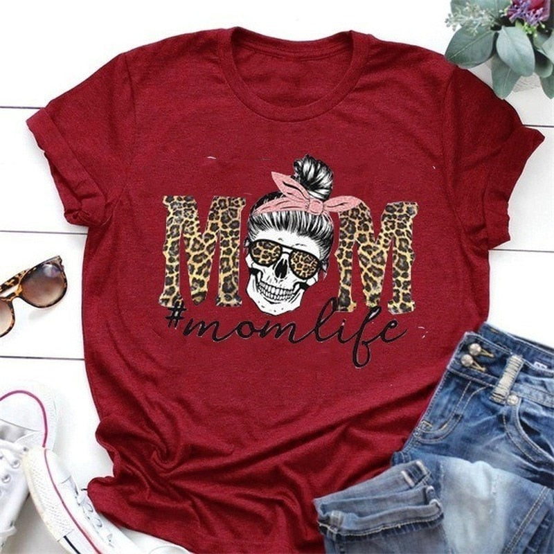 Leopard Skull Head Mom Life Print Women Short Sleeve O Neck