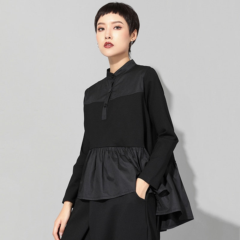 New Spring Autumn Stand Collar Long Sleeve Black Loose Hem