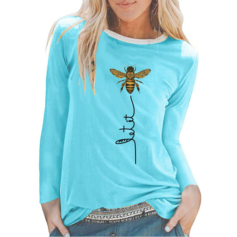 Bee Printing T-shirts Women Long Sleeve Graphic Tees Streetwear White Round Neck Aesthetic Clothes Fashion Tops for Women Ladies