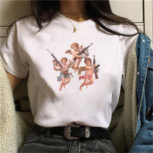 Cupid Angel Print T shirt Women Summer Cartoon Clothes