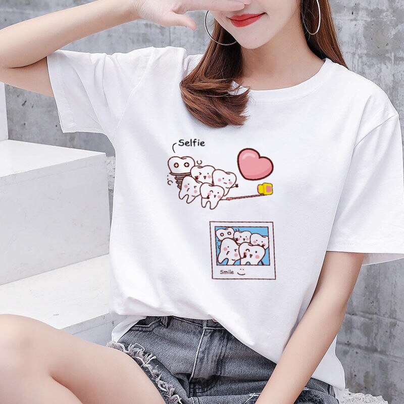 Aesthetic funny tooth dentist women's T-shirt 90s Harajuku Kawaii O-neck T-shirt pattern fashion printing Plus size women shirts