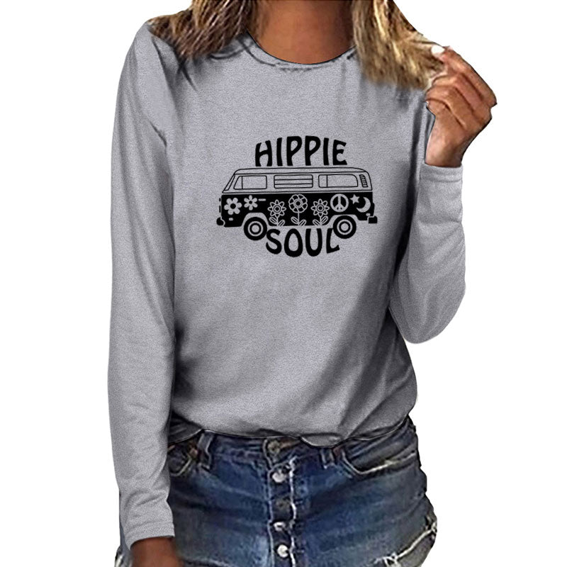 Hippie Soul Car Print Long Sleeve T-shirts Women Autumn Winter 2020 Woman Tshirts Fashion White Crew Neck Graphic Tee Streetwear