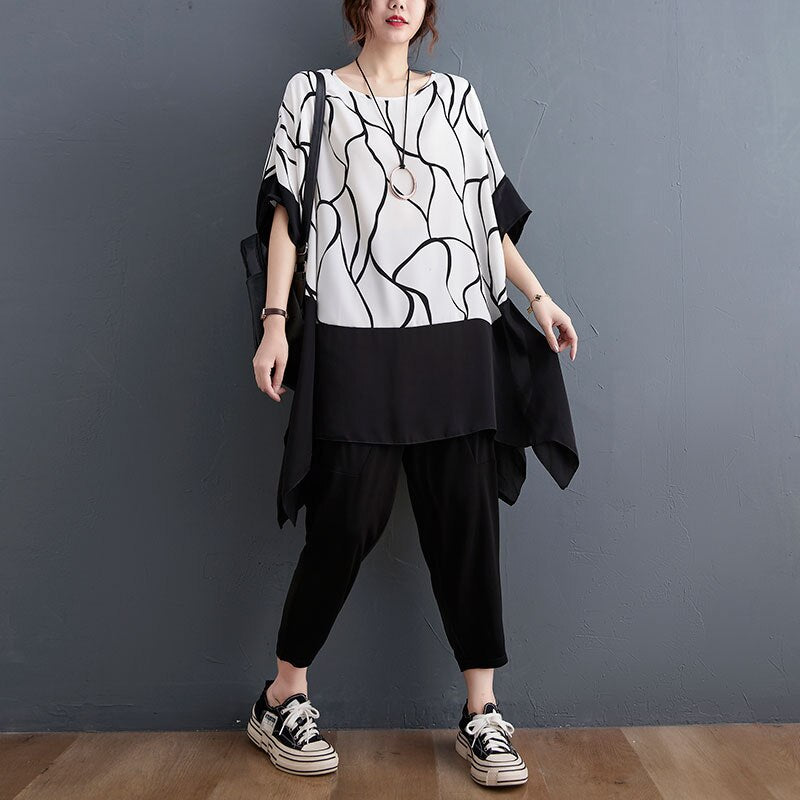 DIMANAF Plus Size Women T-Shirt White Bat Striped Print Patchwork Chiffon O-Neck Tops Shirt Loose Summer 2021 Solid New Tees 5XL