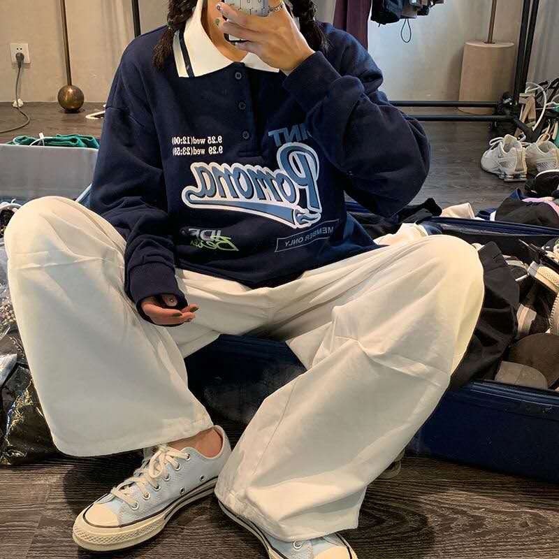 Vintage Polo Collar Oversized Hoodies Women Korean Trendy