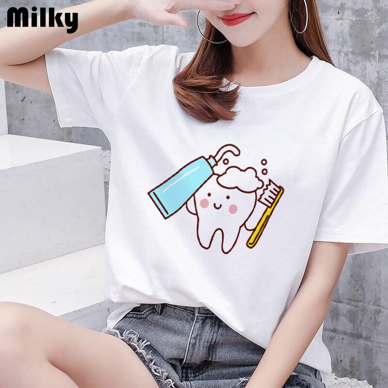 Aesthetic funny tooth dentist women's T-shirt 90s Harajuku Kawaii O-neck T-shirt pattern fashion printing Plus size women shirts