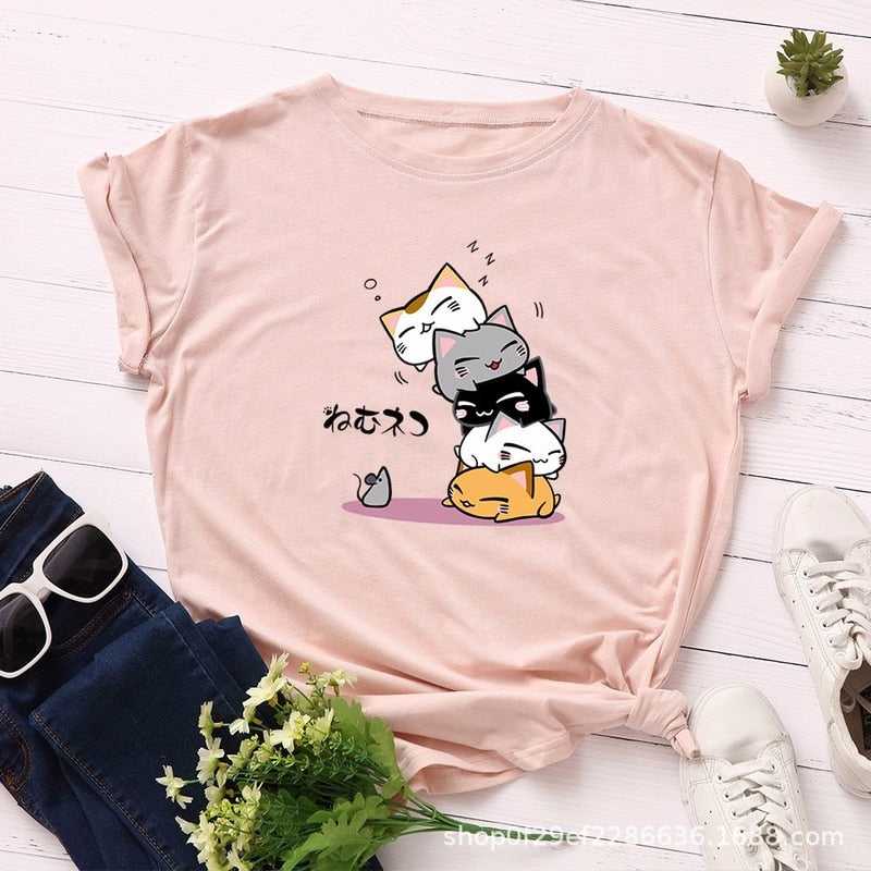 Summer T-Shirt Women Plus Size S-5XL Cotton Graphic Funny Cats Print Female Short Sleeve Simple Tshirts Casual Fashion Tops Tees