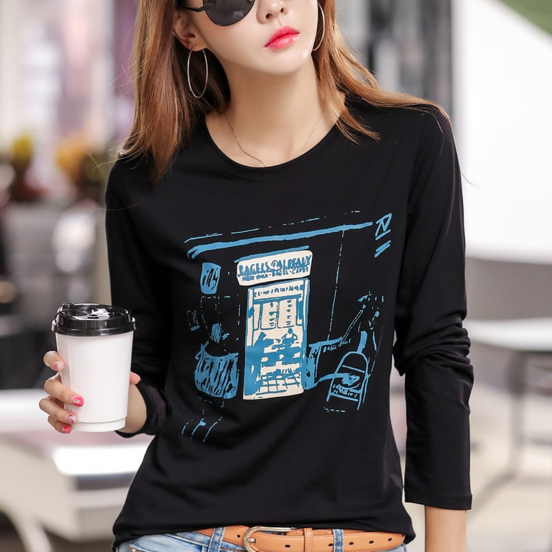 Comic printing Autumn Loose women T Shirt Winter O-Neck Full Sleeve Cotton fashion T-Shirts feminine Green Casual Soft Tops