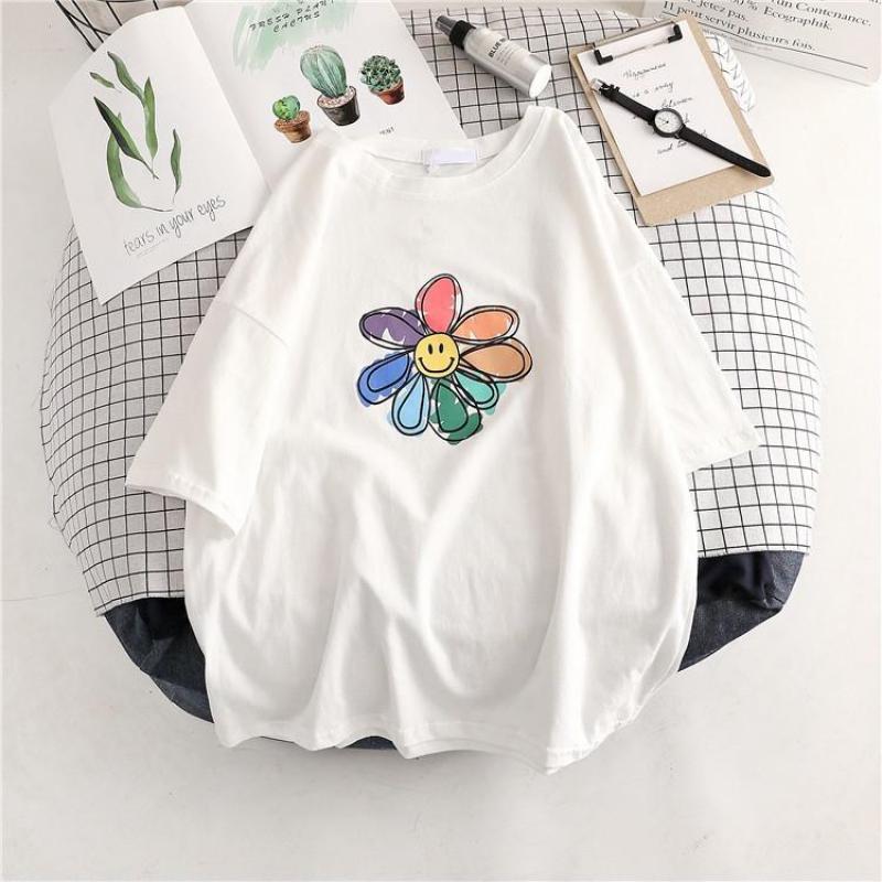 Yedinas Sunflower Print T Shirt Women Summer T-shirt Cotton Female Japanese Style Aesthetics Tops Oversized Streetwear Tee Shirt