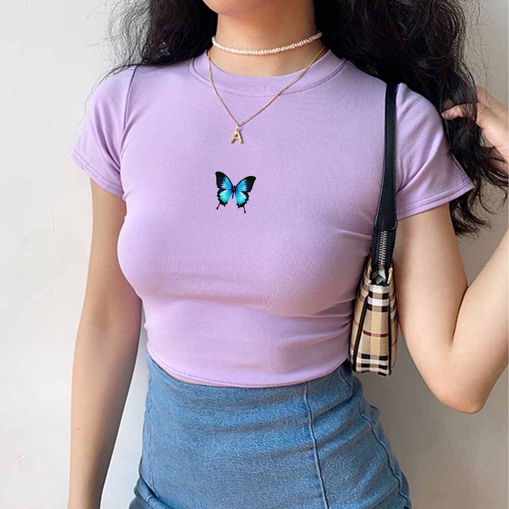 Fashion Cartoon Blue Butterfly Print Crop Top