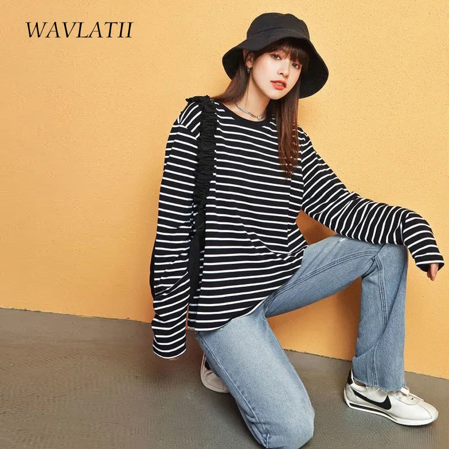 WAVLATII Women 2021 New Long Sleeve T shirts Female Cotton White Black Striped Tees Lady Oversized Spring Casual Tops WLT2107