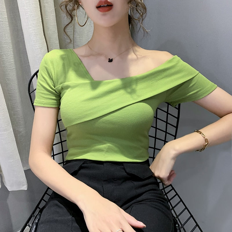 European Clothes Fashion Asymmetrical Hollow Out T-shirt Women 2020 New Summer Back Tops Ropa Mujer Bottoming Shirt Tees T02210