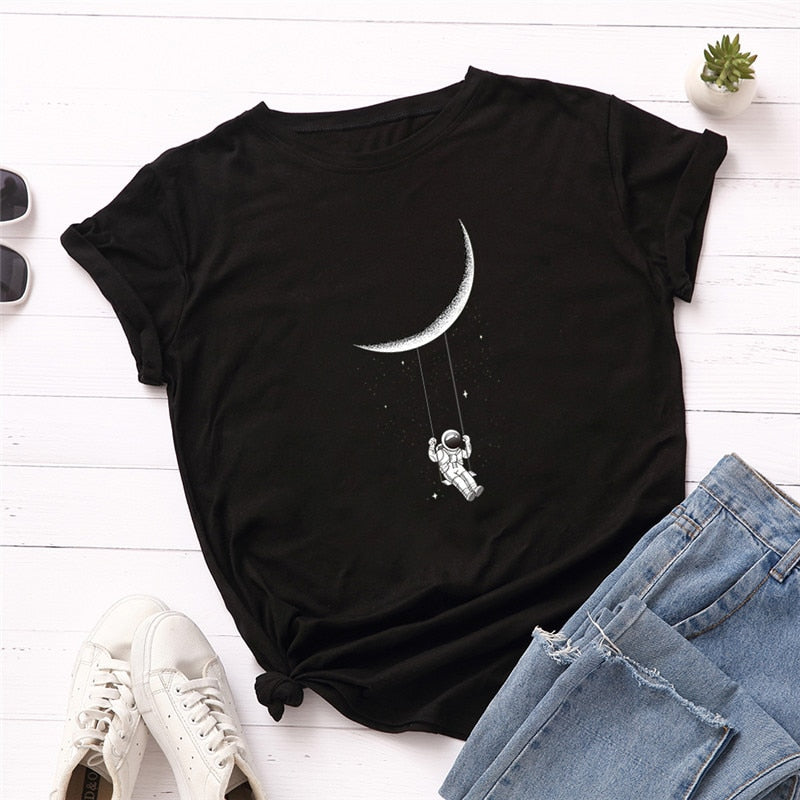 Plus Size S to 5XL TShirt New Moon Astronaut Print Loose Women