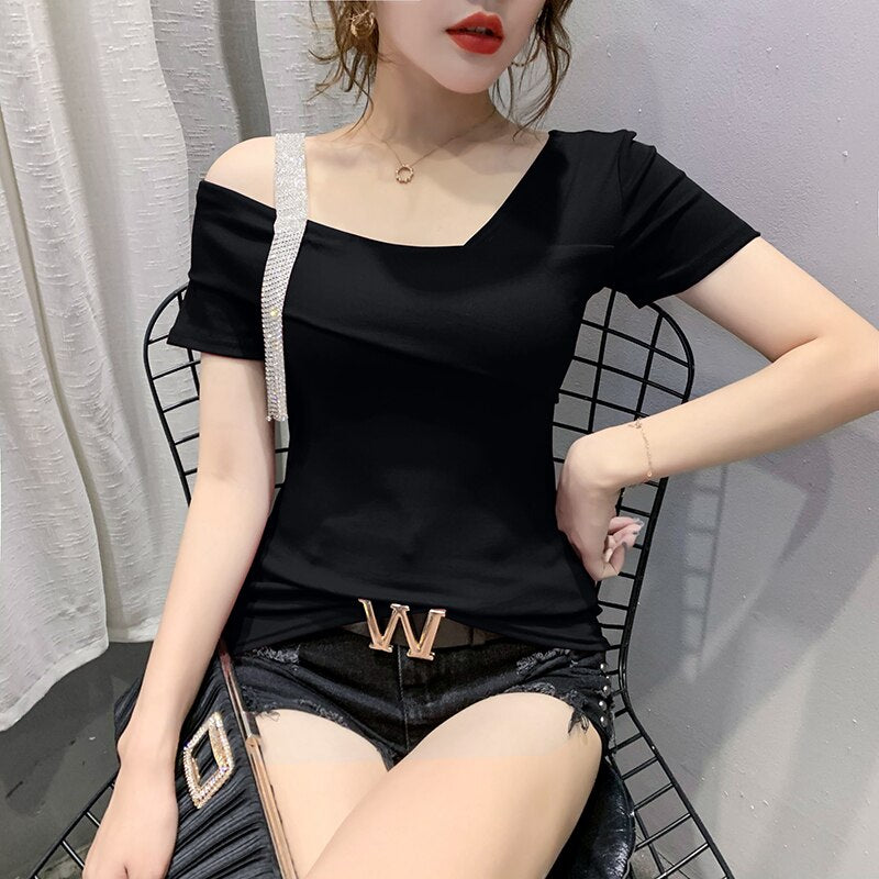 European Clothes Fashion Asymmetrical Hollow Out T-shirt Women 2020 New Summer Back Tops Ropa Mujer Bottoming Shirt Tees T02210