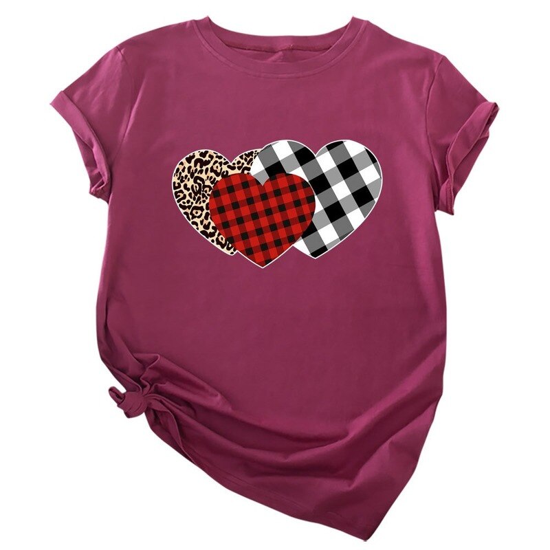 JCGO Summer Women T Shirt Cotton Plus Size 5XL Cute Plaid Heart Print Graphic Tees Tops Short Sleeve O-Neck Casual Woman Tshirts