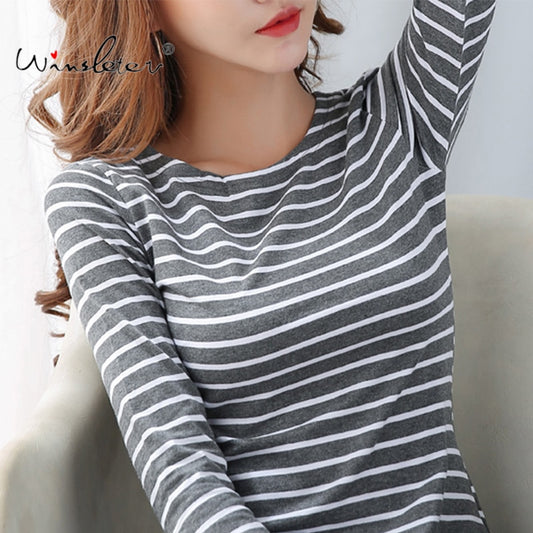 Basic Striped T-shirt Women Casual Cotton Stretchy Long Sleeve Spring Autumun Tops Tee Plus Size S-5XL Casual T01301B