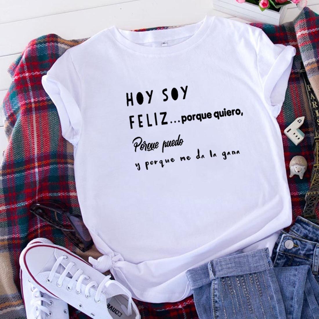 Hoy Soy Feliz Funny T Shirts Women Short Sleeve O-neck Cotton Harajuku Tee Shirt Femme Casual Tshirt Women Loose Camiseta Mujer