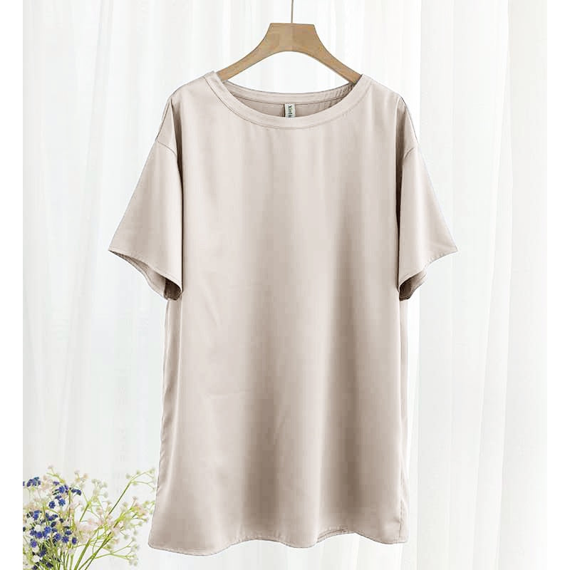 Oversize Satin Women Long T-Shirts Fashion Casual Loose O Neck