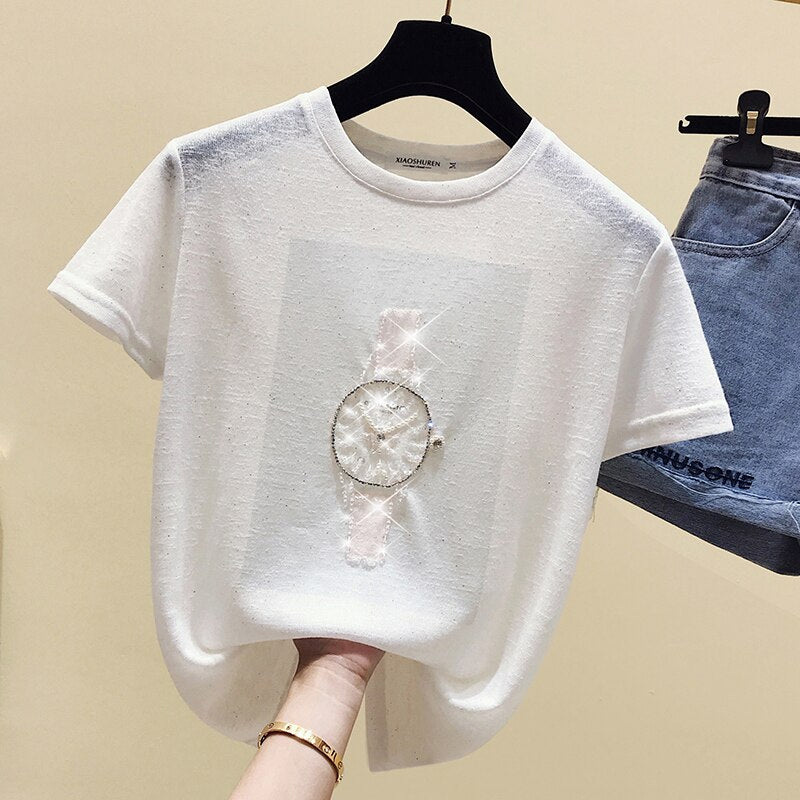 T Shirt Women Summer Tops Beading T-Shirt