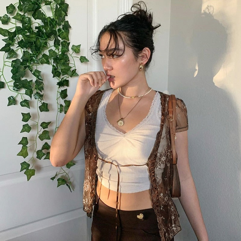 Brown Mesh Transparent Tshirt Women Lace Up Cardigan Tops